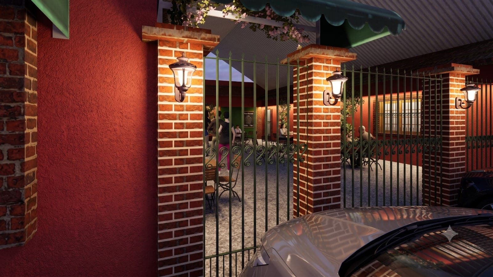 Entrada com lanternas nas pilastras de tijolo aparente