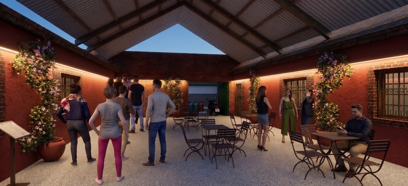 Pátio com iluminação linear embutida nas paredes e vegetação
