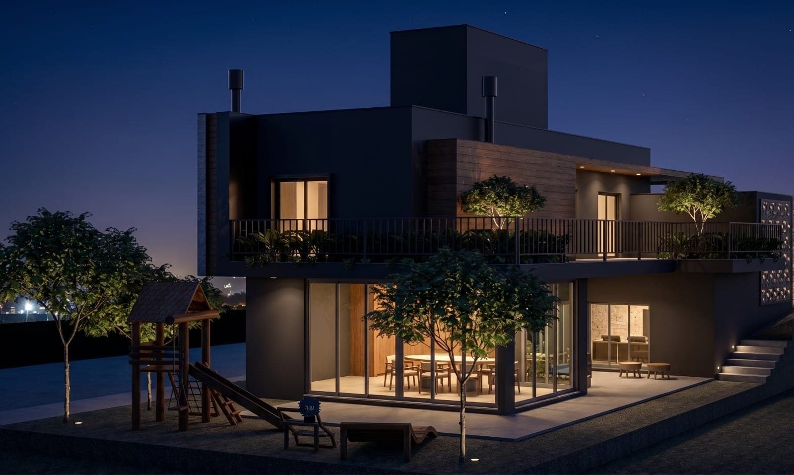 Fachada de residência moderna iluminada à noite, com árvores e área de lazer