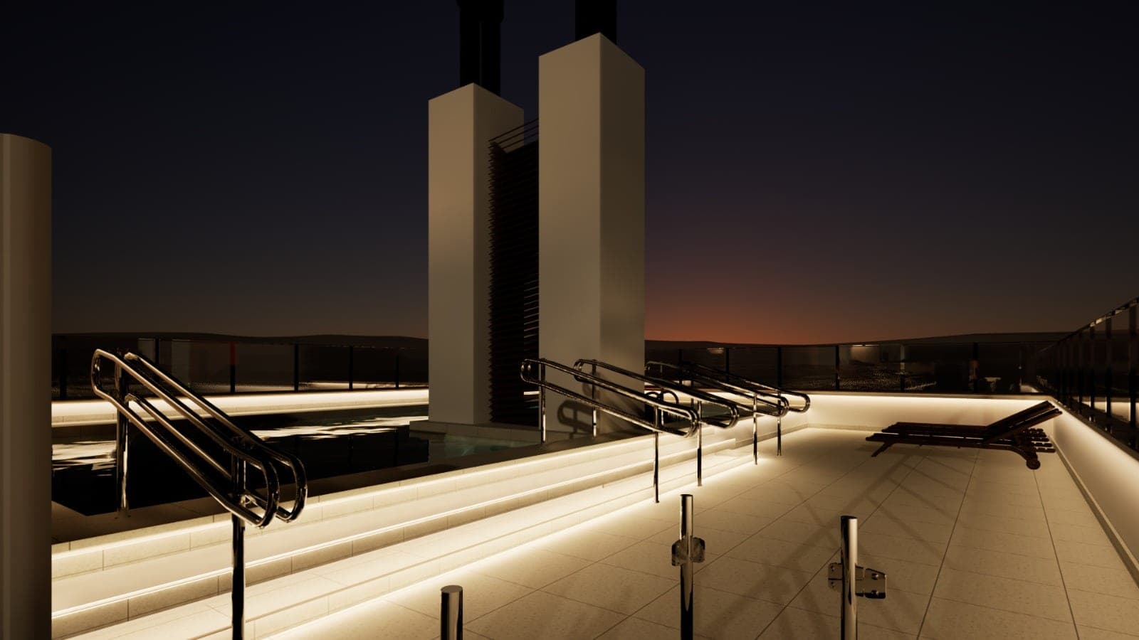 Piscina em rooftop com fita de LED contornando degraus e bordas