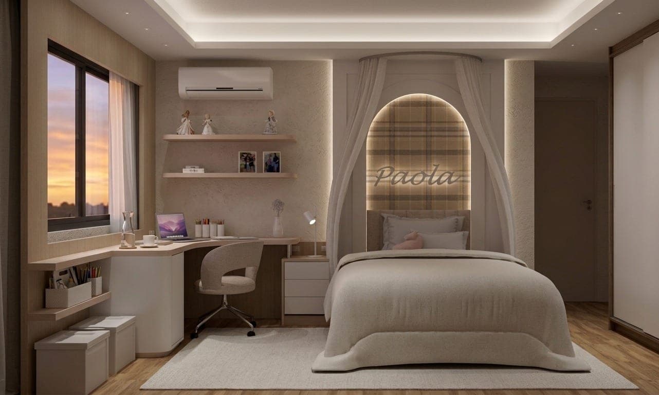 Quarto infantil com nicho retroiluminado atrás da cama